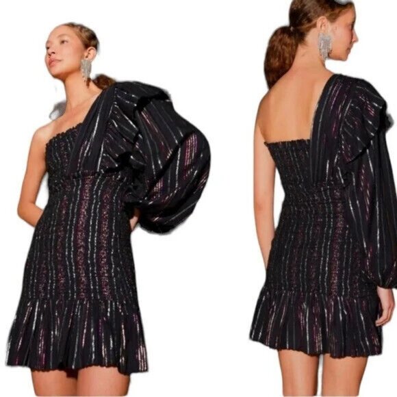 Farm Rio Black Lurex Stripe One Shoulder Mini Dress Puff Sleeve Size M NWT - Picture 9 of 9